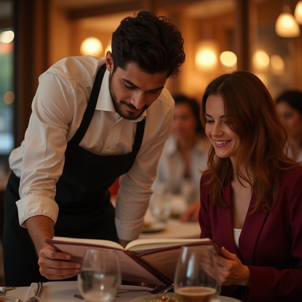 Kelner omawiający alergeny z gościem restauracji przy stole